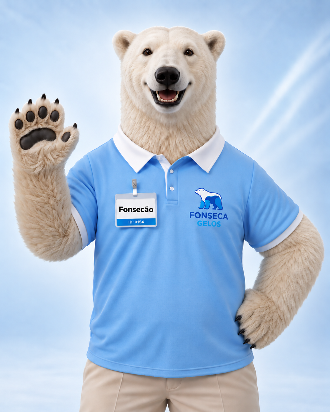 Fonsecão, mascote urso-polar da Fonseca Gelos, acenando