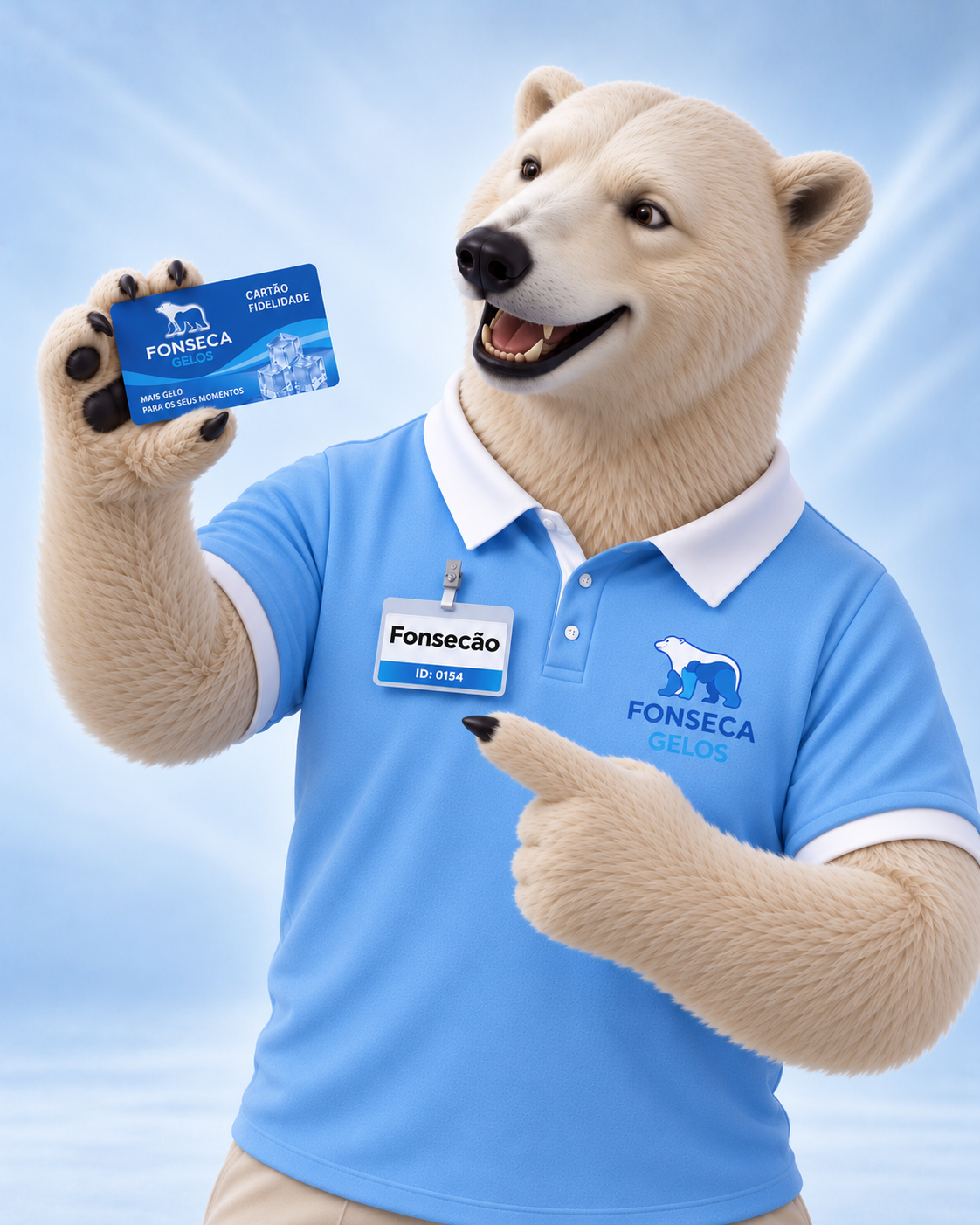 Mascote Fonsecão apresentando o cartão fidelidade da Fonseca Gelos