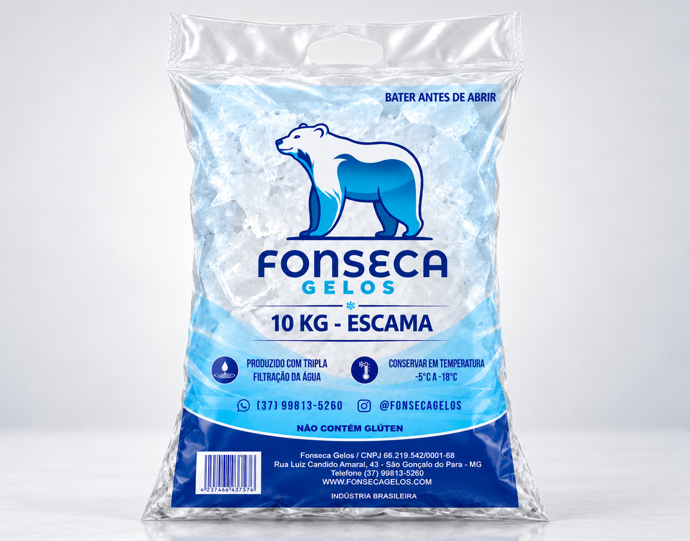 Pacote de gelo em escamas de 10 kg da Fonseca Gelos