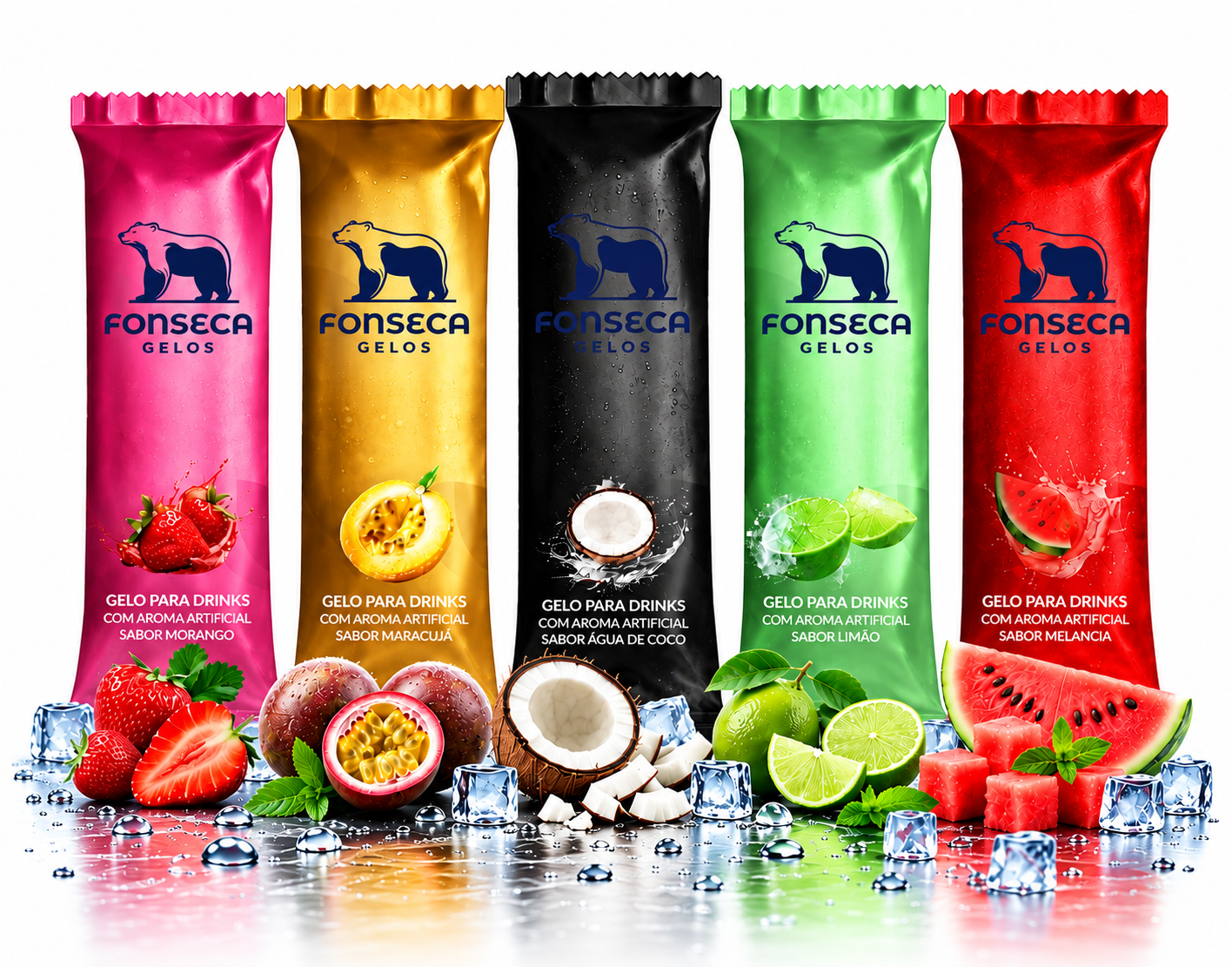 Linha de gelos saborizados para drinks da Fonseca Gelos